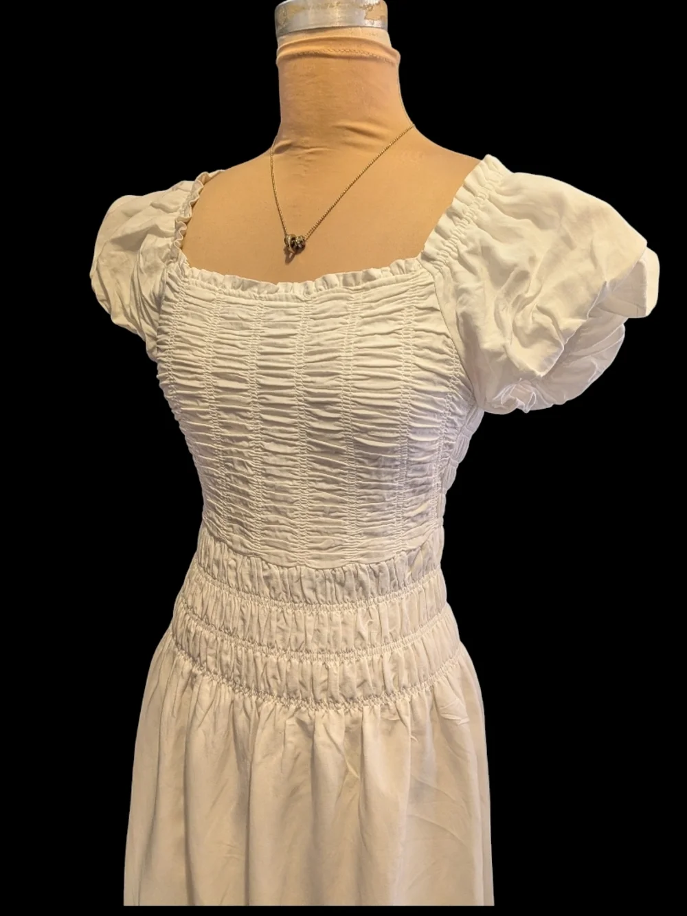 NWT "MALTA" Dress By KOURT. Smocked Puff-Sleeve White Midi Dress XS - Picture 4 of 7